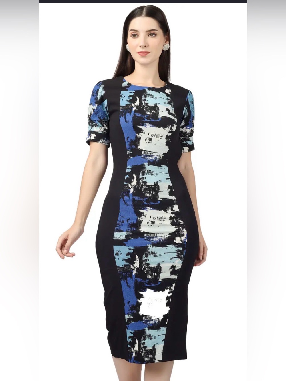 Abstract Blue Panel Midi Dress - Women's